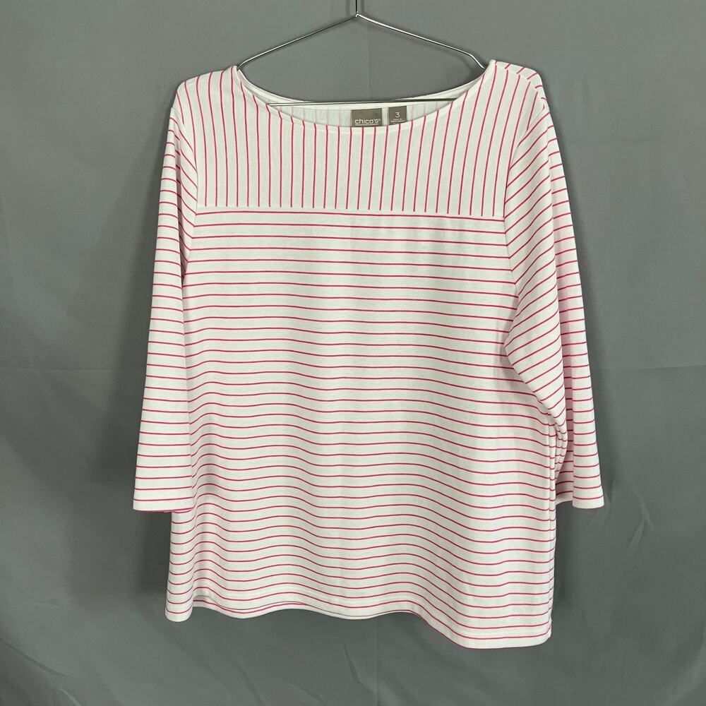 Chicos Stripe Shirt Boat Neck Size 3/XL Pink 3/4 Sleeve Preppy Nautical Coastal